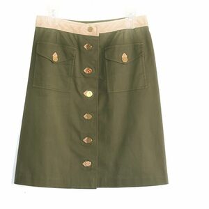 Tory Burch Olive Green Button-Front A-Line Skirt with Tan Waistband